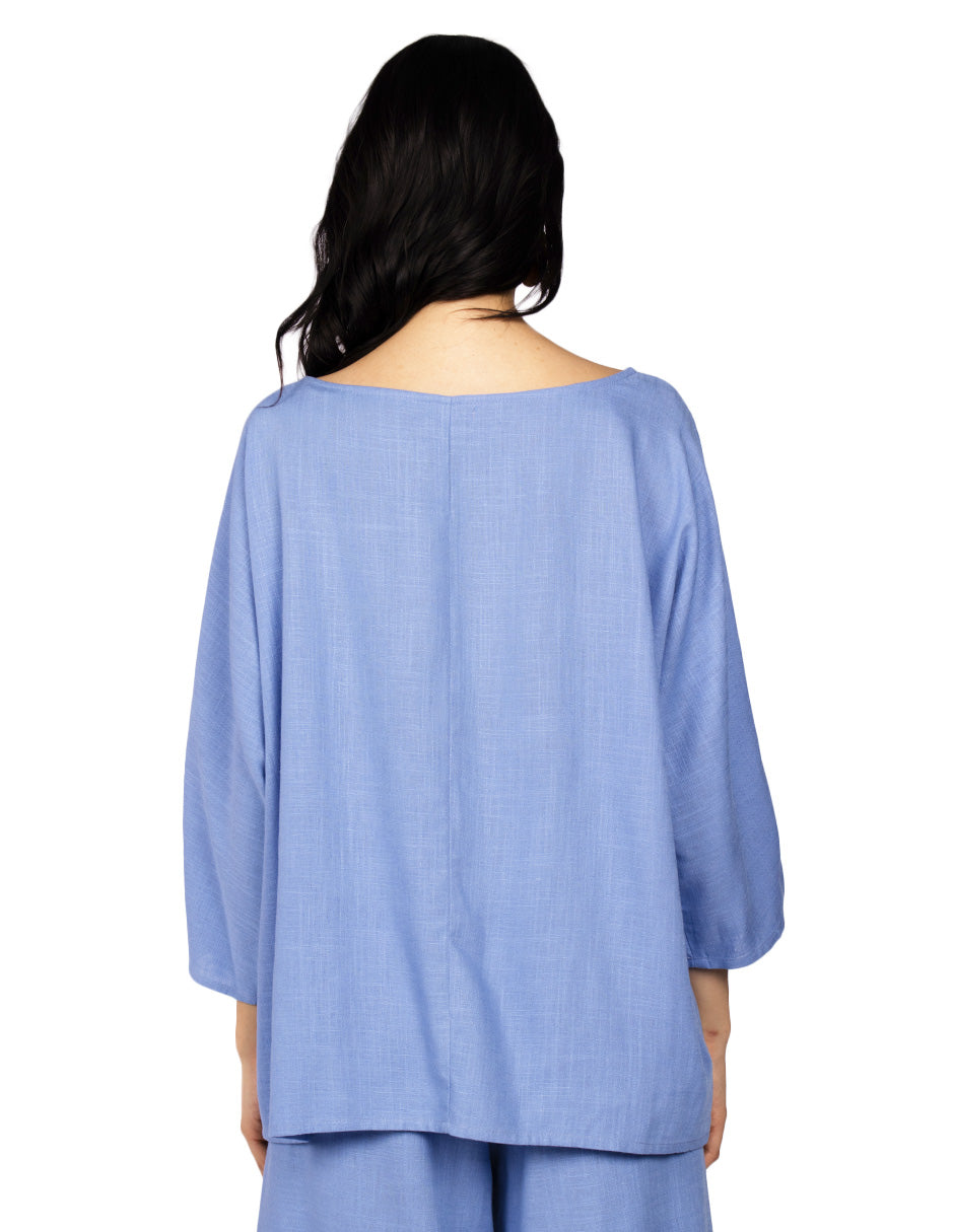 Blusas Para Mujer Bluson Manga 3/4 Tipo Lino N51147 Azul