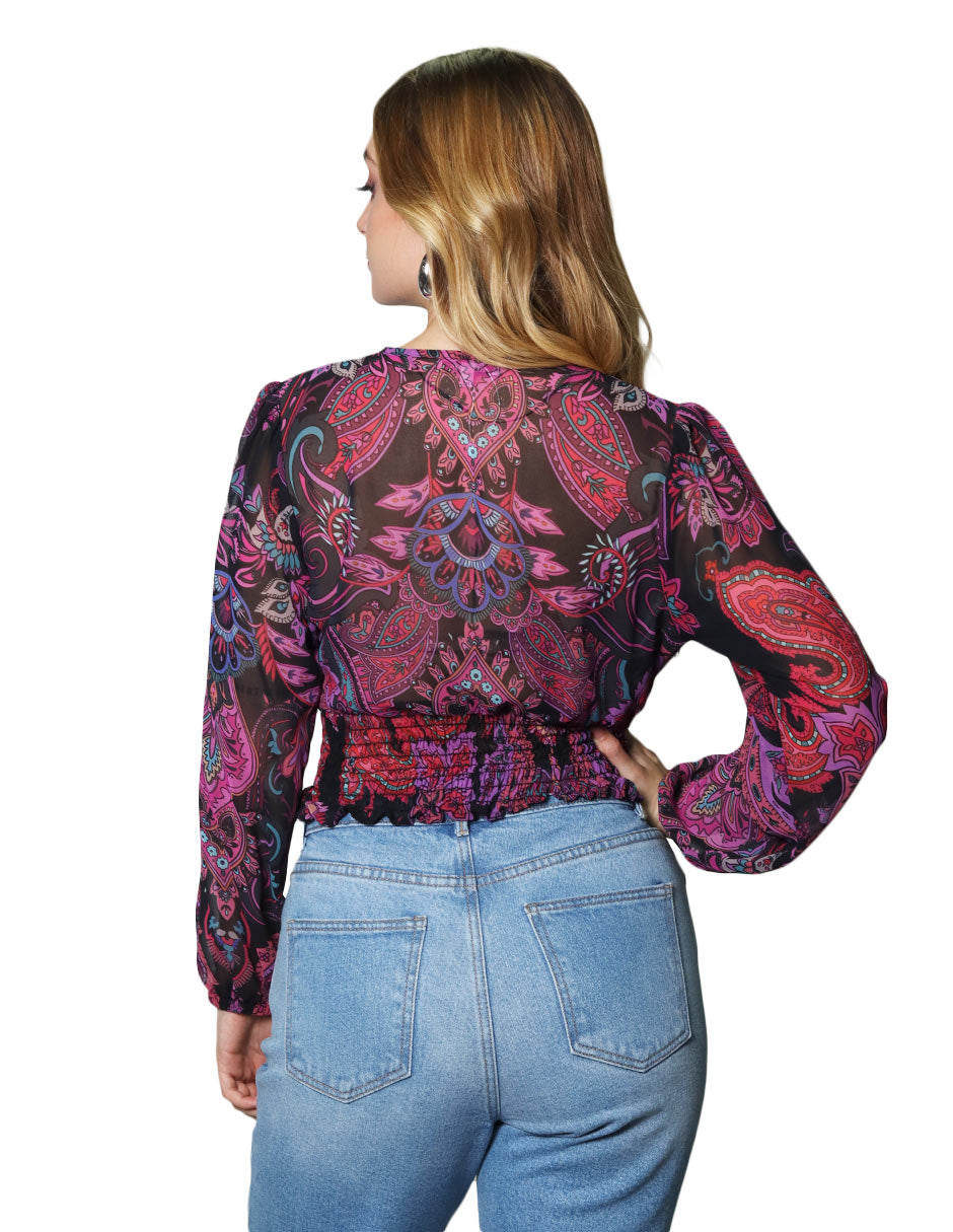 Blusas Para Mujer Manga Larga Chiffon Estampado Paisley N43103 Morado