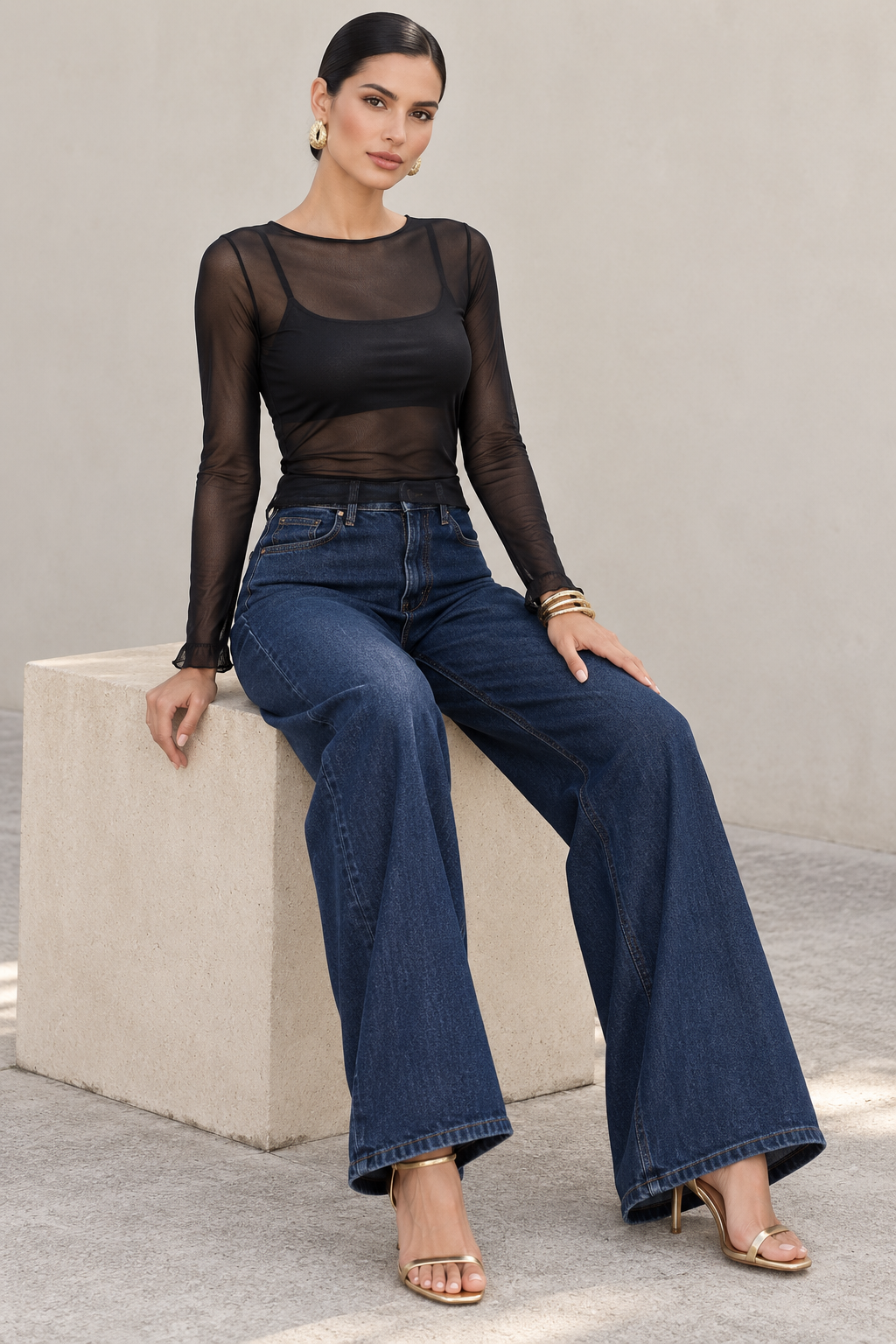 Blusas Para Mujer De Mesh Transparente Manga Larga N63117 Negro