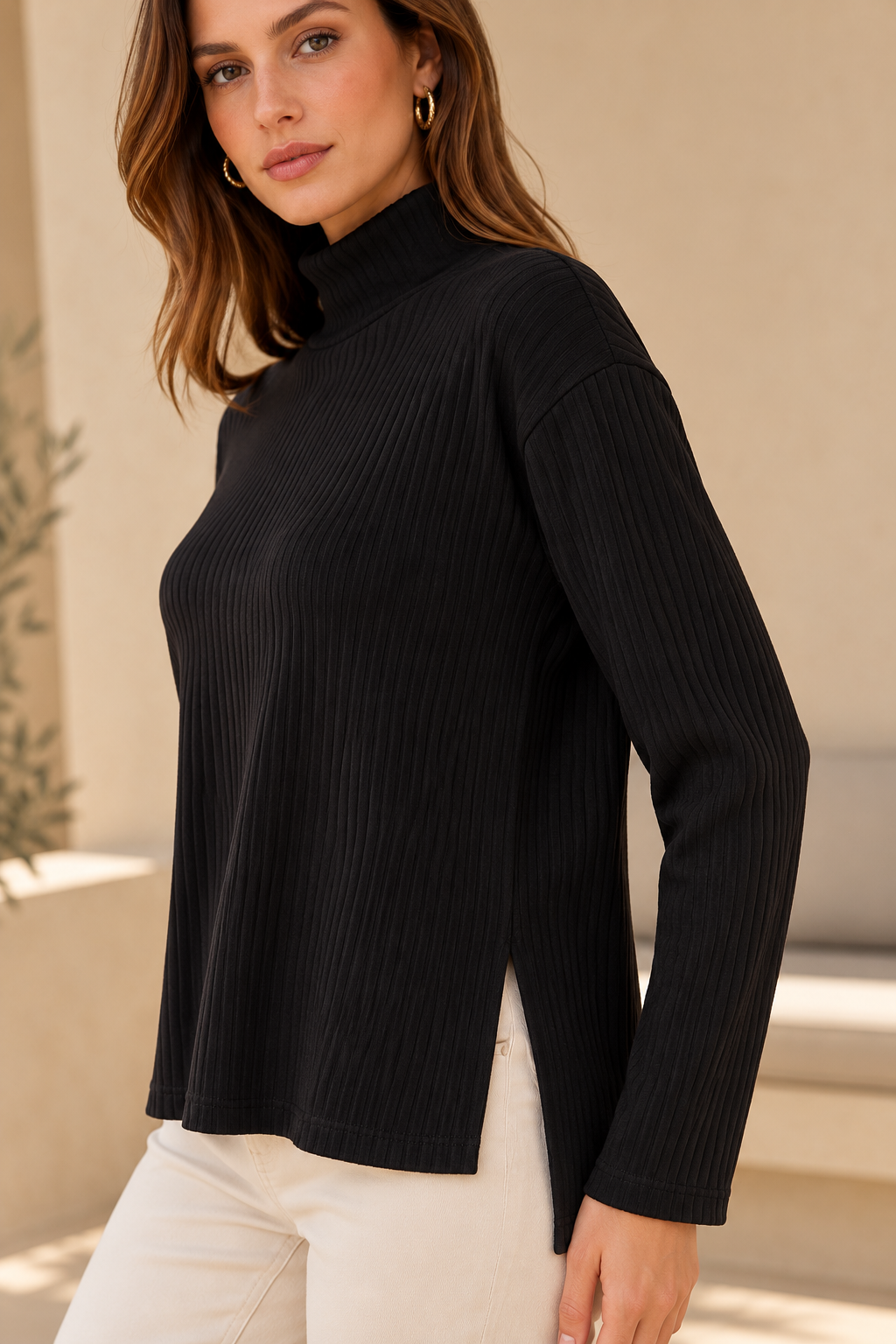 Blusas Para Mujer Acanalada Cuello Alto N43146 Negro