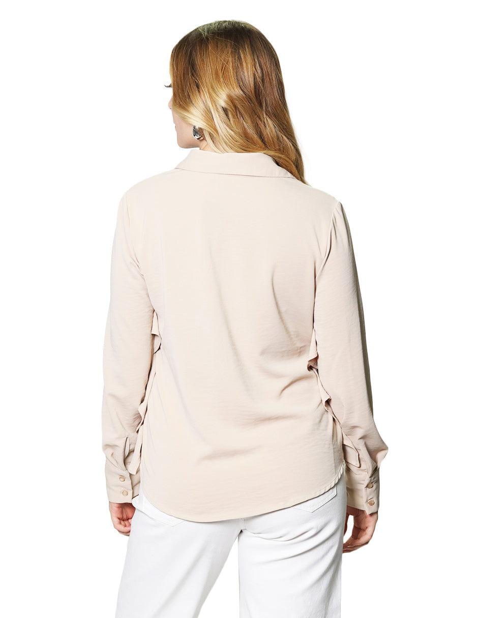 Blusas Para Mujer Camisera Satinada Con Olanes N43122 Arena