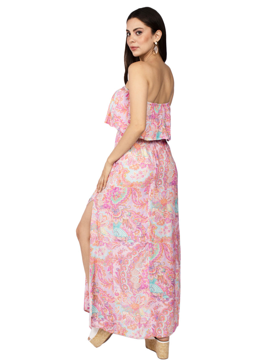 Vestidos Para Mujer Straples Largo Con Olan Estampado Paisley Con Abertura En Pierna S41112 Unico