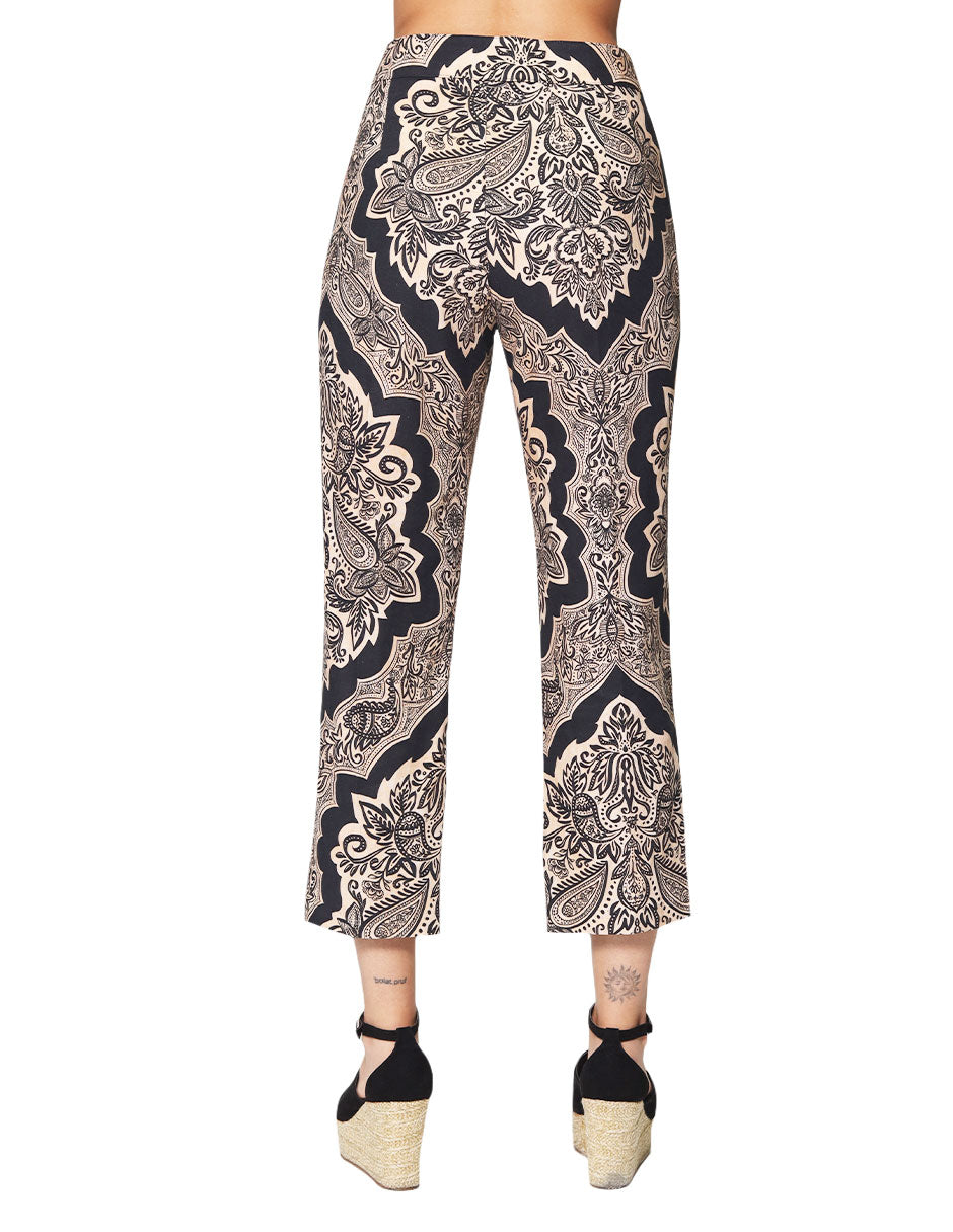 Pantalones Para Mujer Pesquero Tipo Lino Estampado Paisley W41122 Beige/Negro