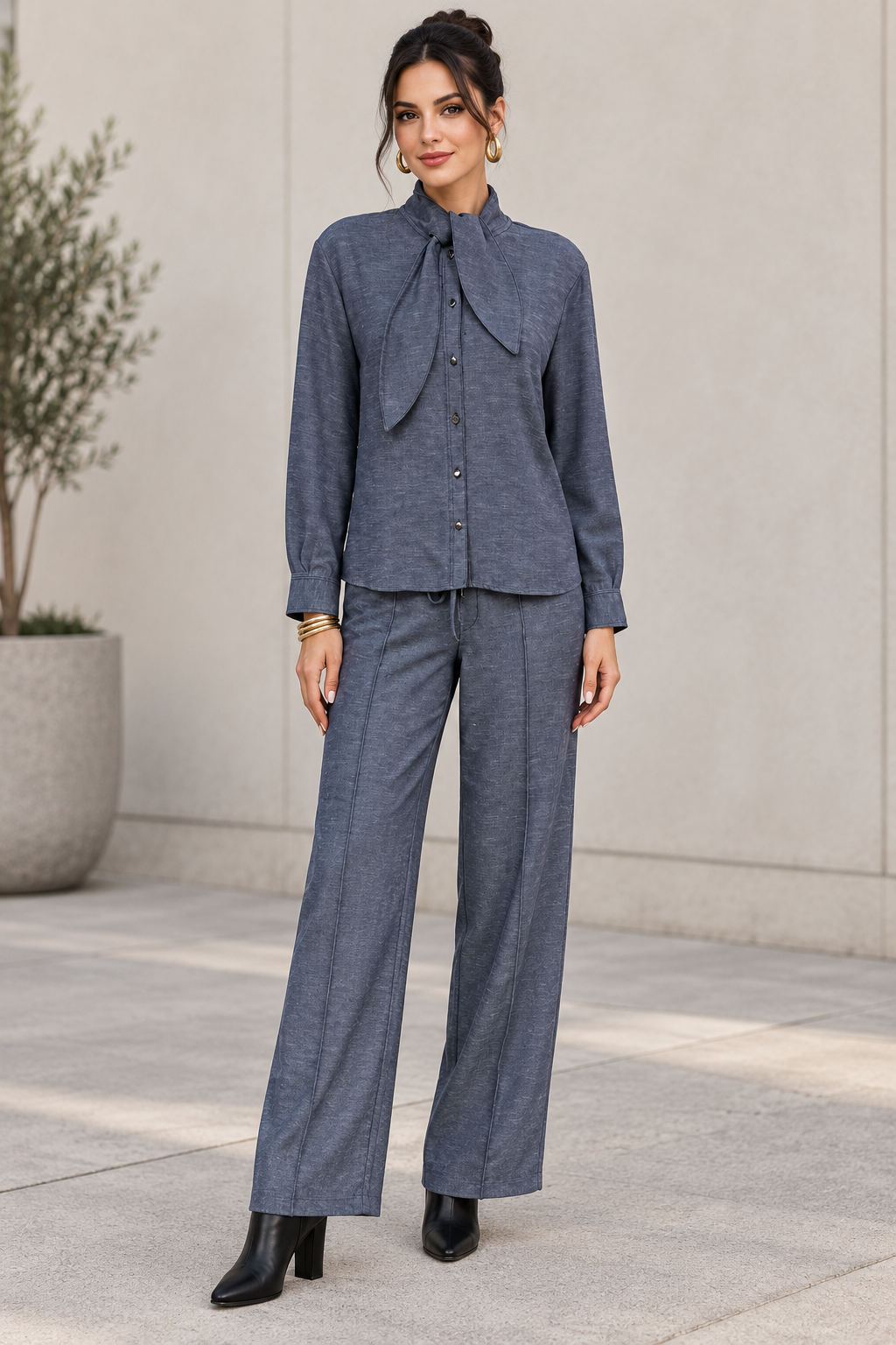 Pantalones Para Mujer De Pierna Recta Con Pespunte Cintura Ajustable W63116 Denim
