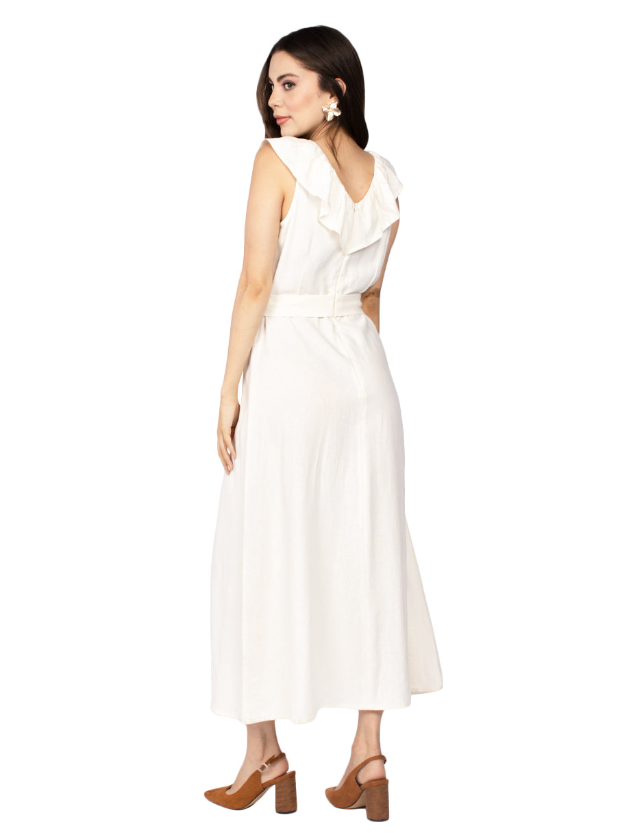 Vestidos Para Mujer Con Cinto Estilo Lino S51114 Crema