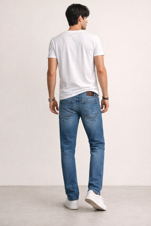 Jeans Para Hombre Mezclilla Slim Deslavado  J61107 Azul