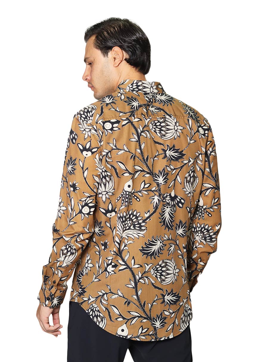 Camisas Para Hombre Manga Larga Estampada B45513 Ocre