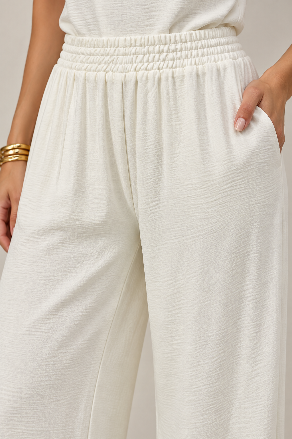 Pantalones Para Mujer De Pierna Ancha Con Cintura Elástica W63113 Hueso