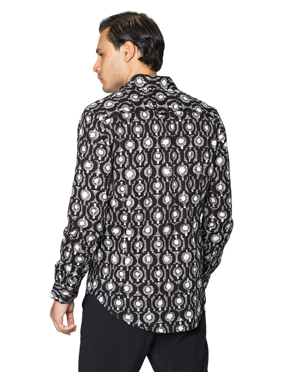 Camisas Para Hombre Manga Larga Estampado Abstracto B45518 Negro