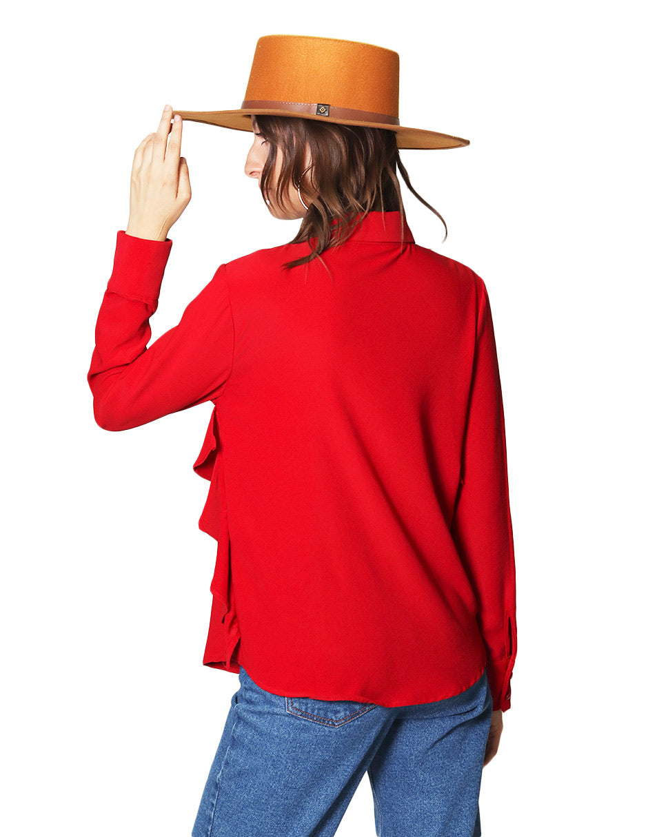 Blusas Para Mujer Camisera Satinada Con Olanes N43122 Rojo