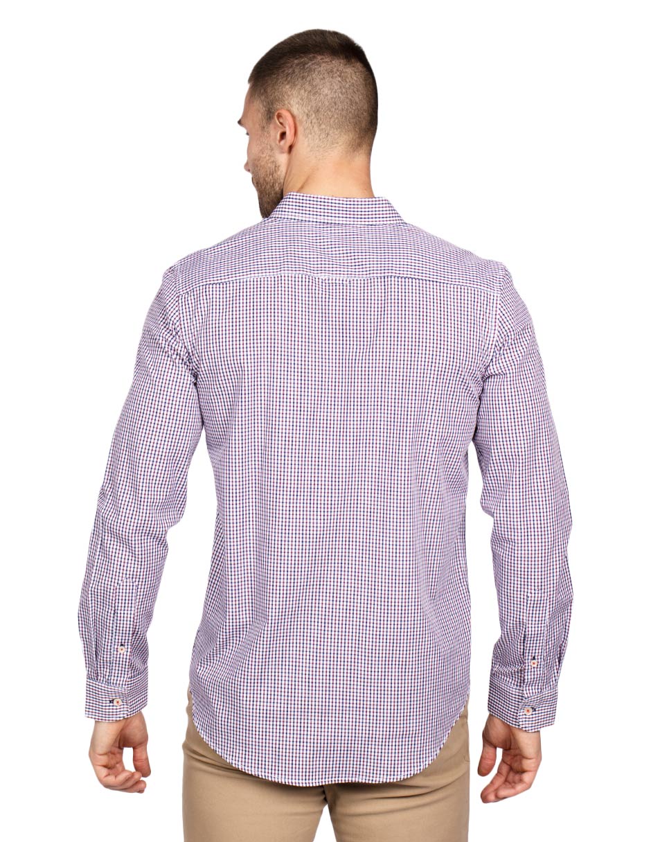 Camisas Para Hombre Manga Larga Micro Cuadros B45212 Vino