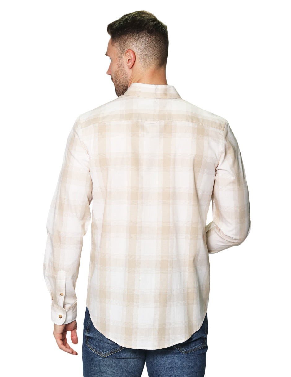 Camisas Para Hombre Manga Larga Cuadros B45106 Beige