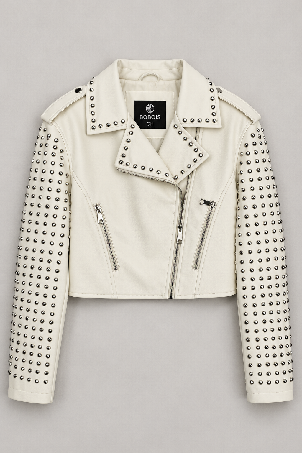 Chamarras Para Mujer Biker Estoperoles Plateados Q43201 Crema