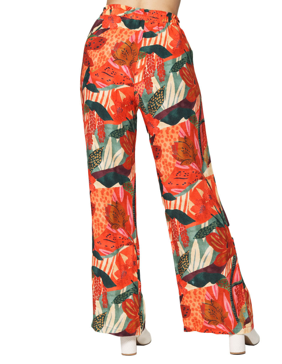 Pantalones Para Mujer Amplio Con Resorte Estampado Flores W43112 Unico