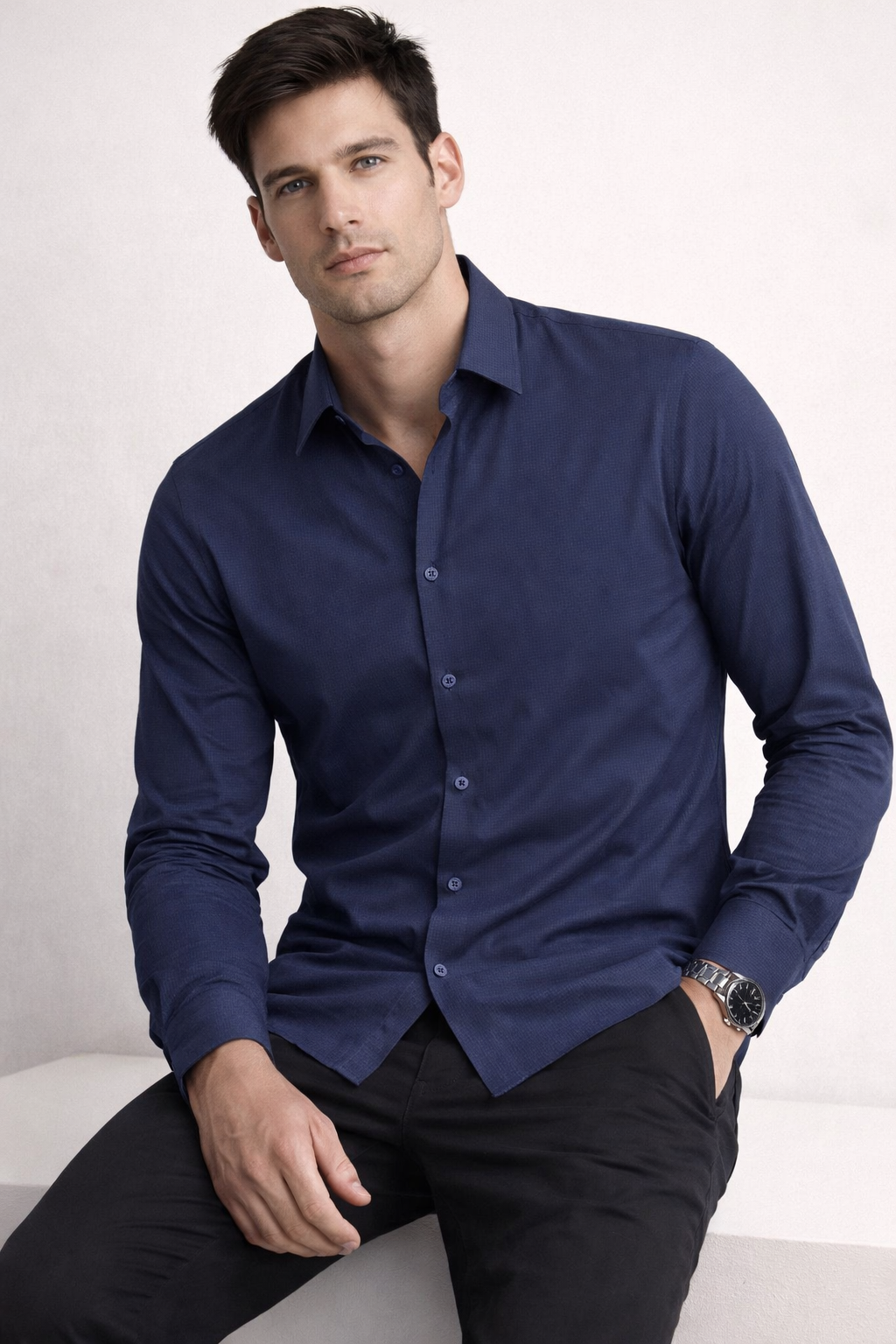 Camisa para Hombre Micropanal Antiarrugas B61403 Marino