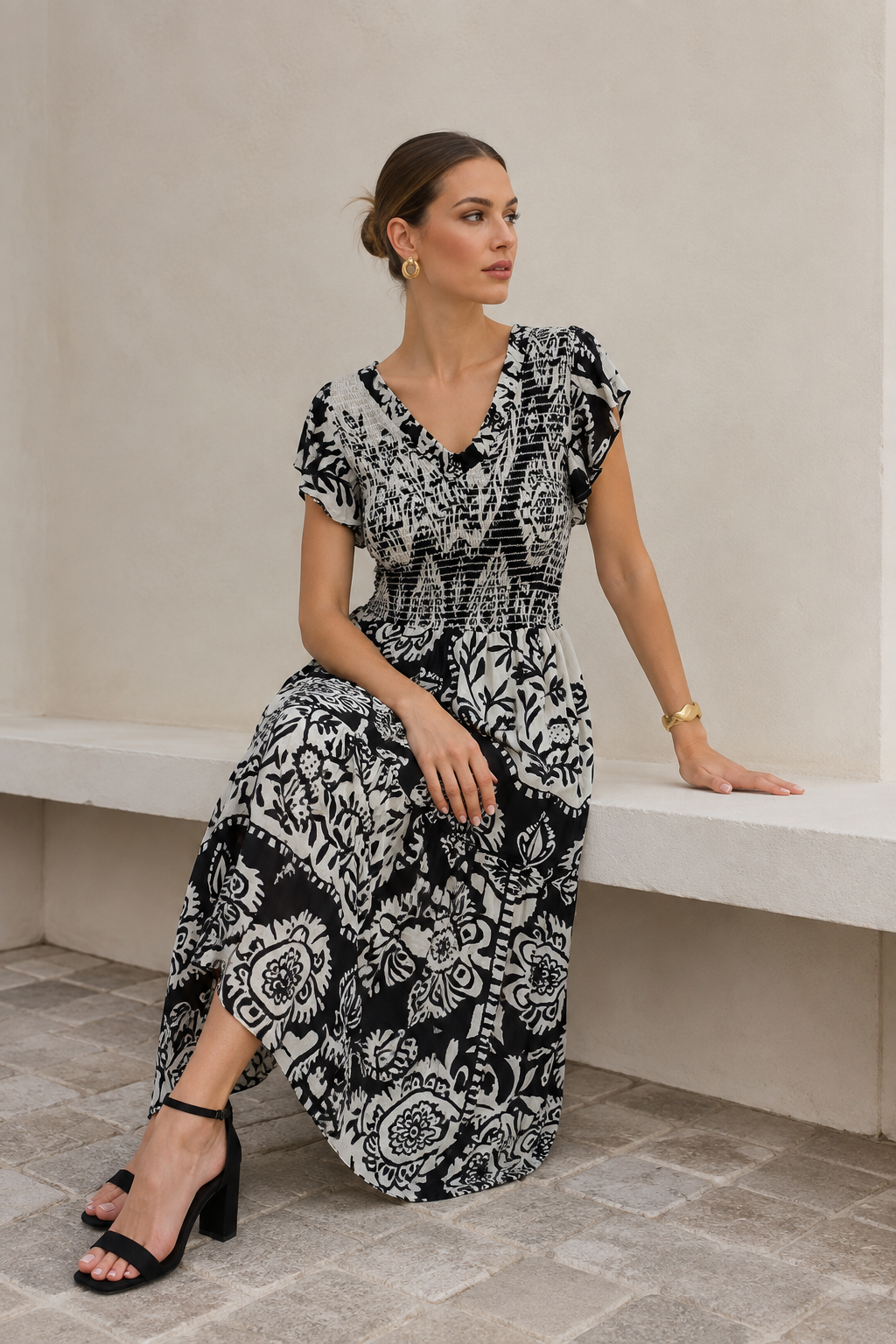 Vestidos Para Mujer Largo Floreado con Olanes S63104 Negro/Hueso