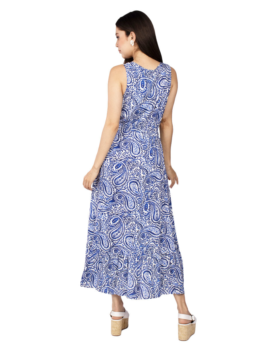 Vestidos Para Mujer Largo Basico De Titantes Con Escote De Estampado Paisley S41121 Azul