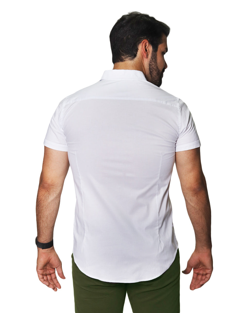 Camisas Para Hombre Lisa De Manga Corta Cuello Italiano Slim Fit BPOPMC Blanco