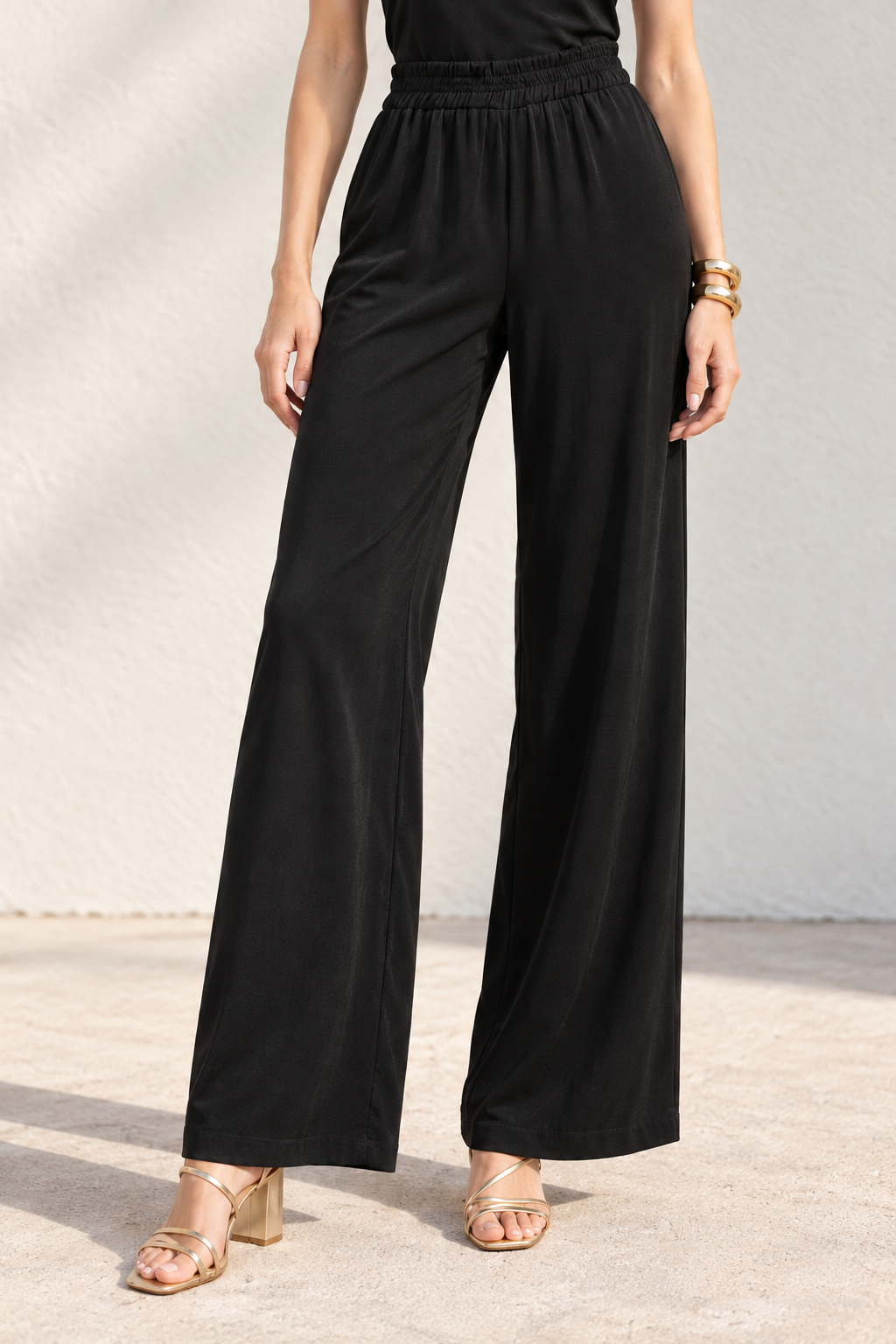 Pantalones Para Mujer De Pierna Ancha Con Cintura Elástica W63113 Negro
