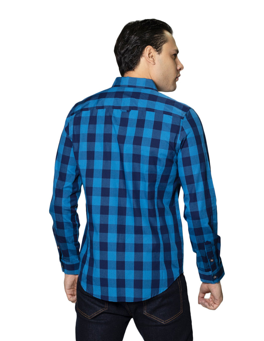 Camisas Hombre Bobois Casuales De Manga Larga Con Estampado De Cuadros De Algodón Slim Fit B35105 Azul