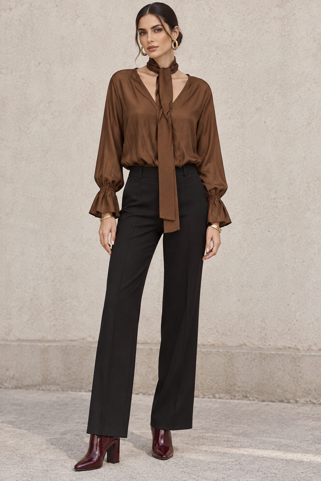 Blusas Para Mujer Con Lazo Al Cuello, Escote En V Y Manga Larga Con Olanes N63130 Café