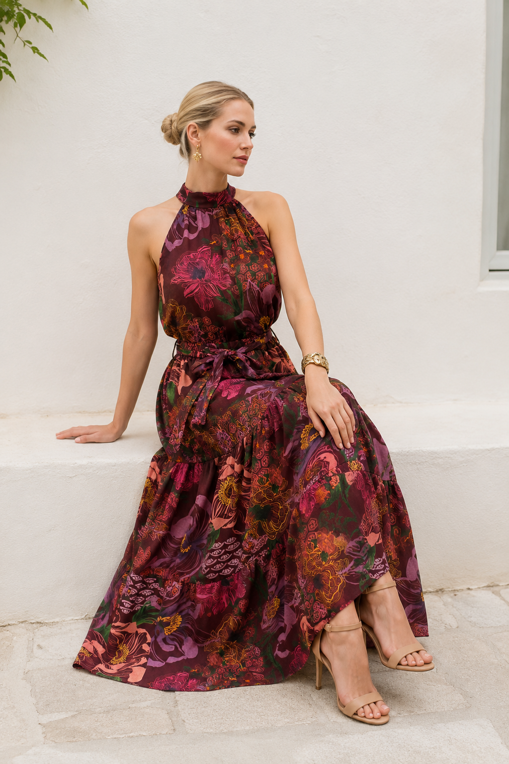 Vestidos Para Mujer Largo Floreado Cuello Halter S63103 Vino