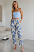 Pantalones Para Mujer Lino Paisley Con Jareta W61105 Hueso/Azul