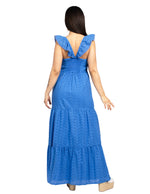 Vestidos Para Mujer Largo Escotado De Tirantes Con Olanes Perforado Con Bordado S41111 Azul