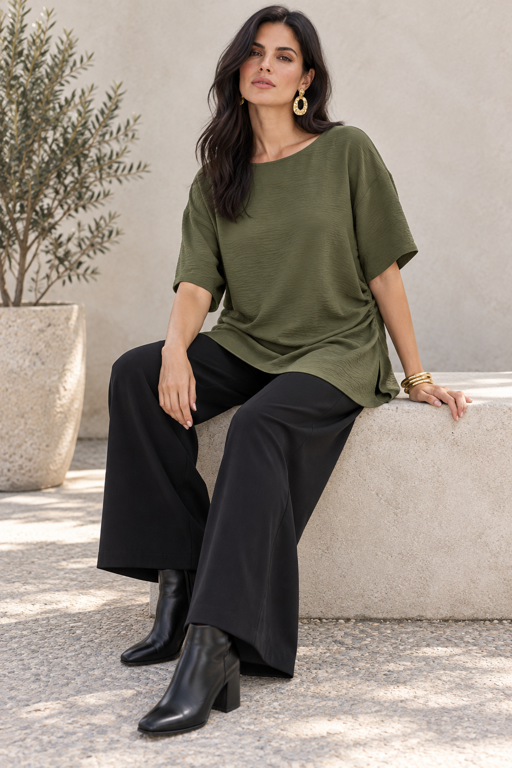 Blusas Para Mujer Asimétrica De Tela Fruncida Oversize N63115 Olivo