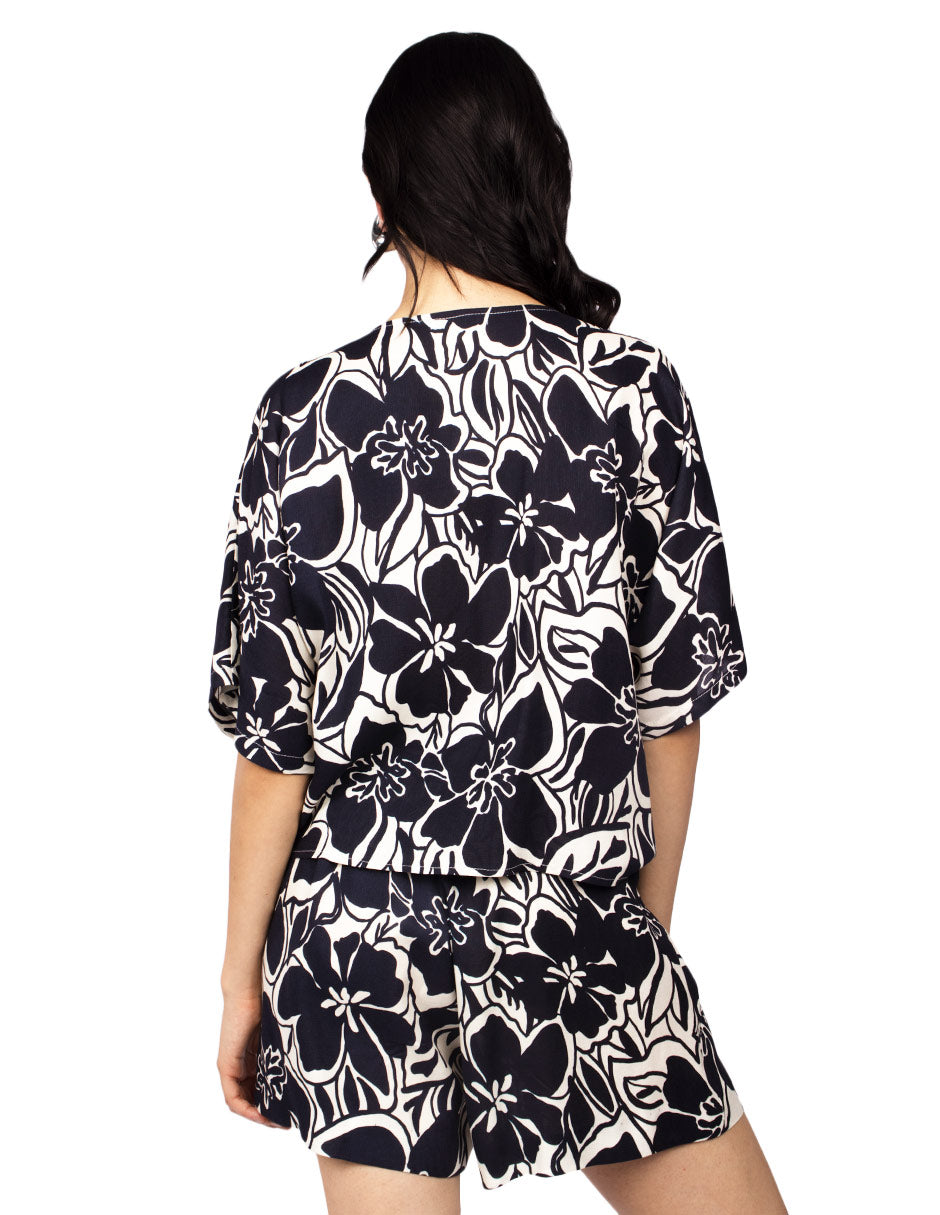 Blusas Para Mujer Estampada Con Nudo N51120 Negro