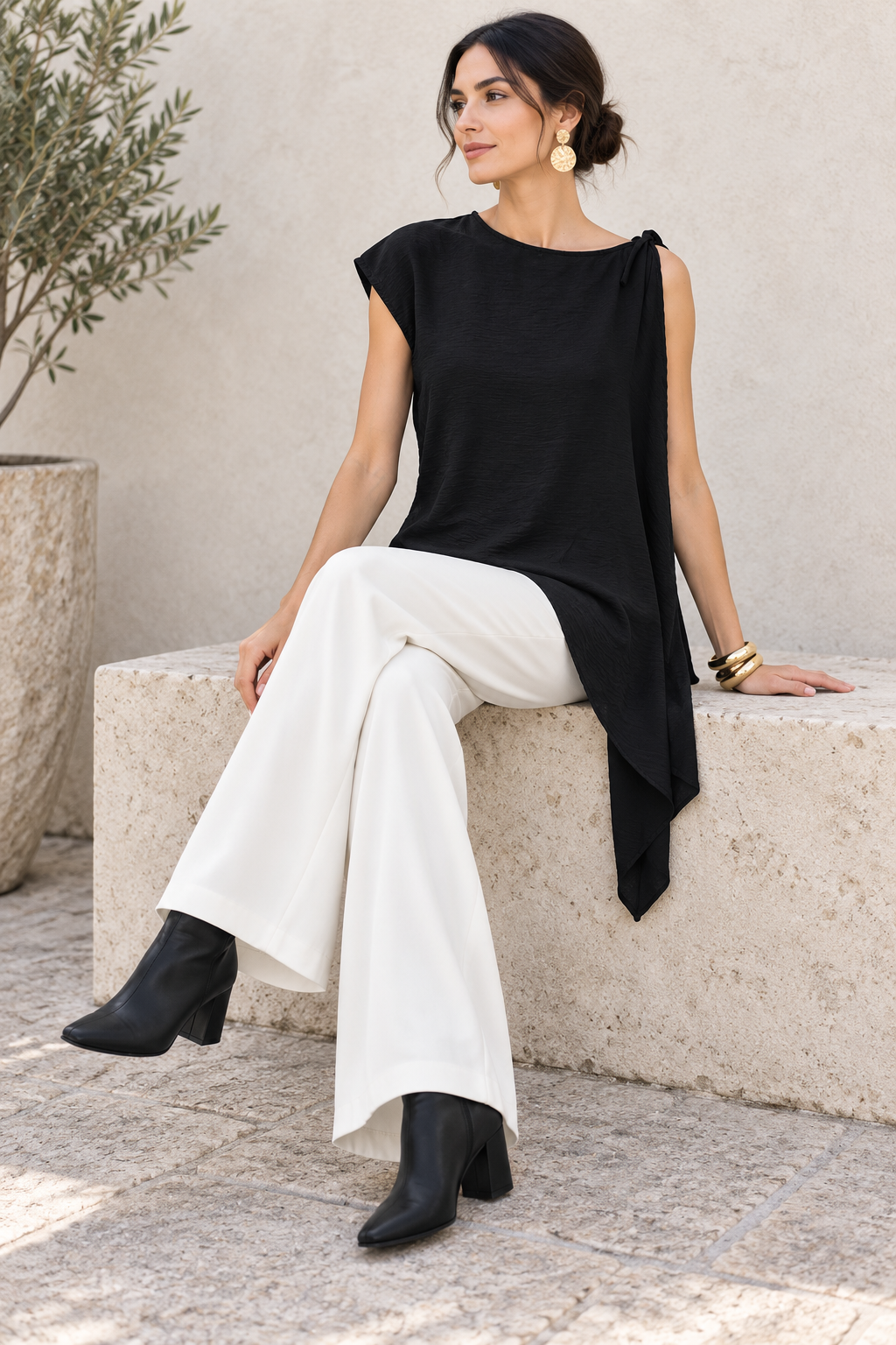 Blusas Para Mujer Asimétrica Con Lazo En Hombro Y Caída Lateral N63137 Negro