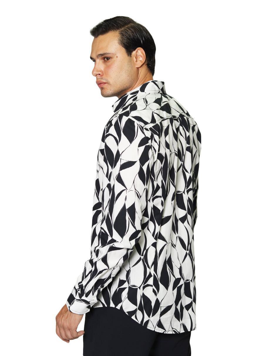 Camisas Para Hombre Manga Larga Estampado Abstracto B45517 Blanco