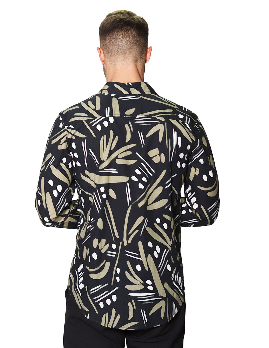 Camisas Para Hombre Manga Larga Estampado Abstracto B45527 Negro
