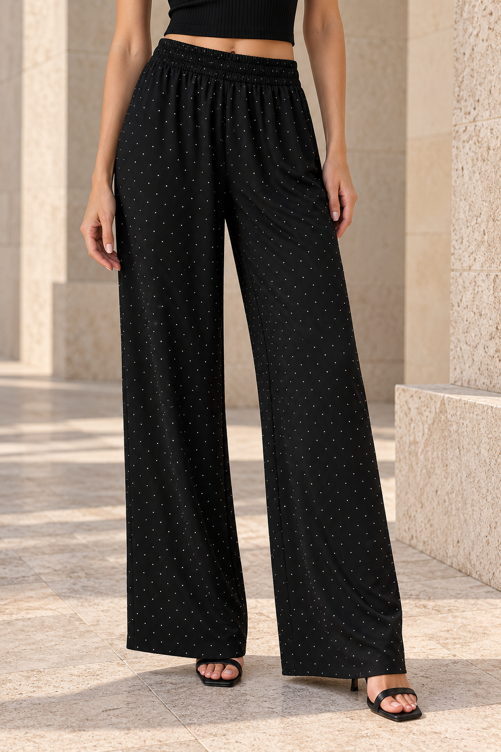 Pantalones Para Mujer Corte Amplio Con Cintura Elástica Y Cristales W63121 Negro