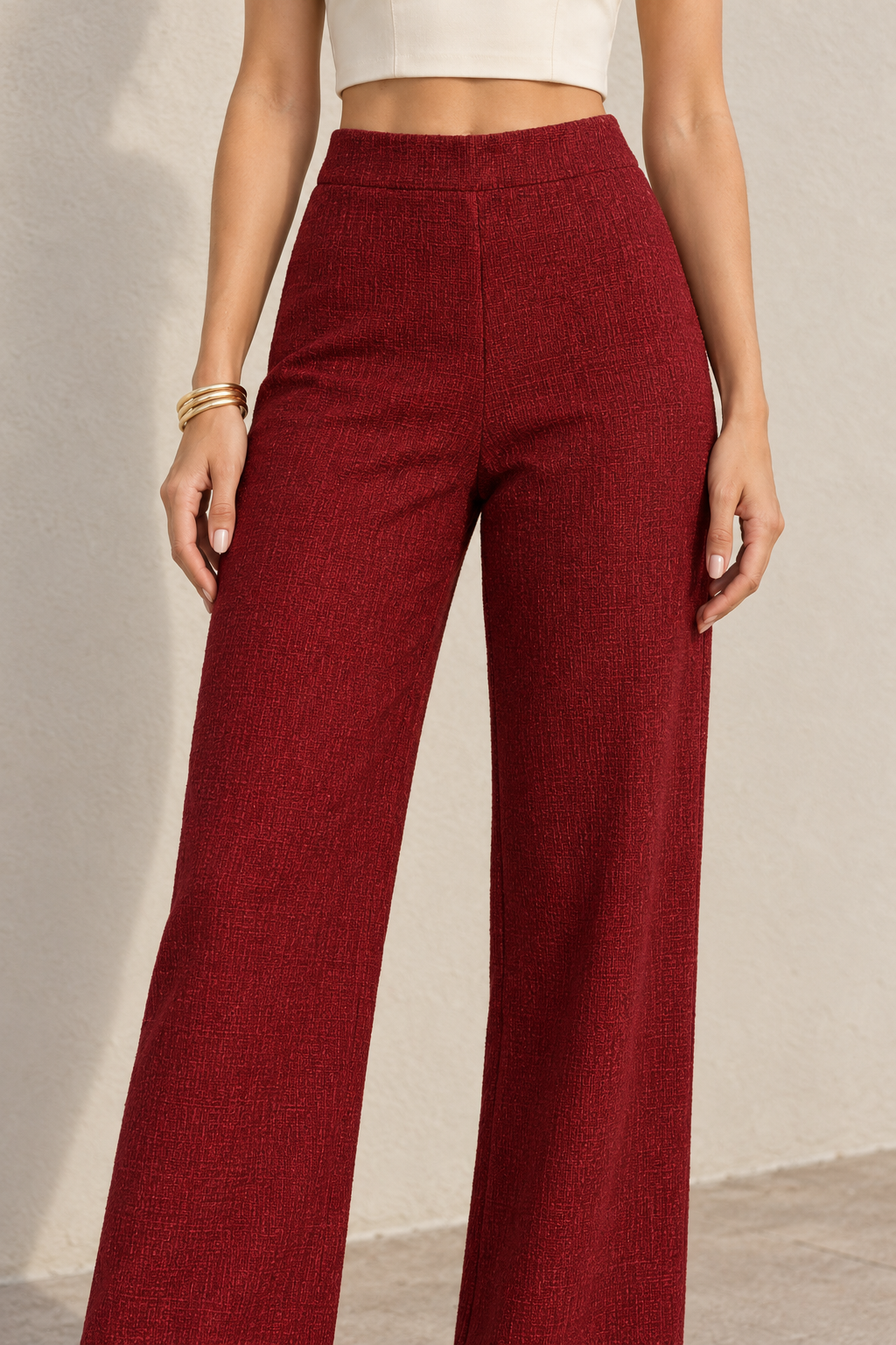 Pantalones Para Mujer De Tejido Texturizado Corte Recto Y Cintura Alta W63120 Vino