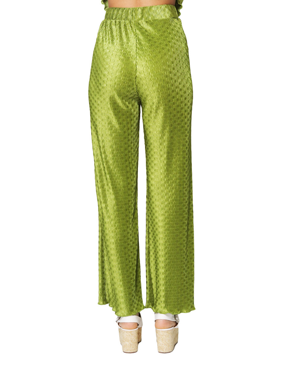 Pantalones Para Mujer Corrugado De Tiro Alto Comodo Wide Leg W41100 Verde