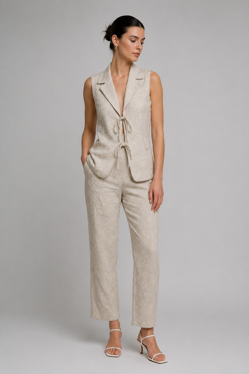 Chalecos Para Mujer Midi Bordado Lino R61104 Natural/Beige