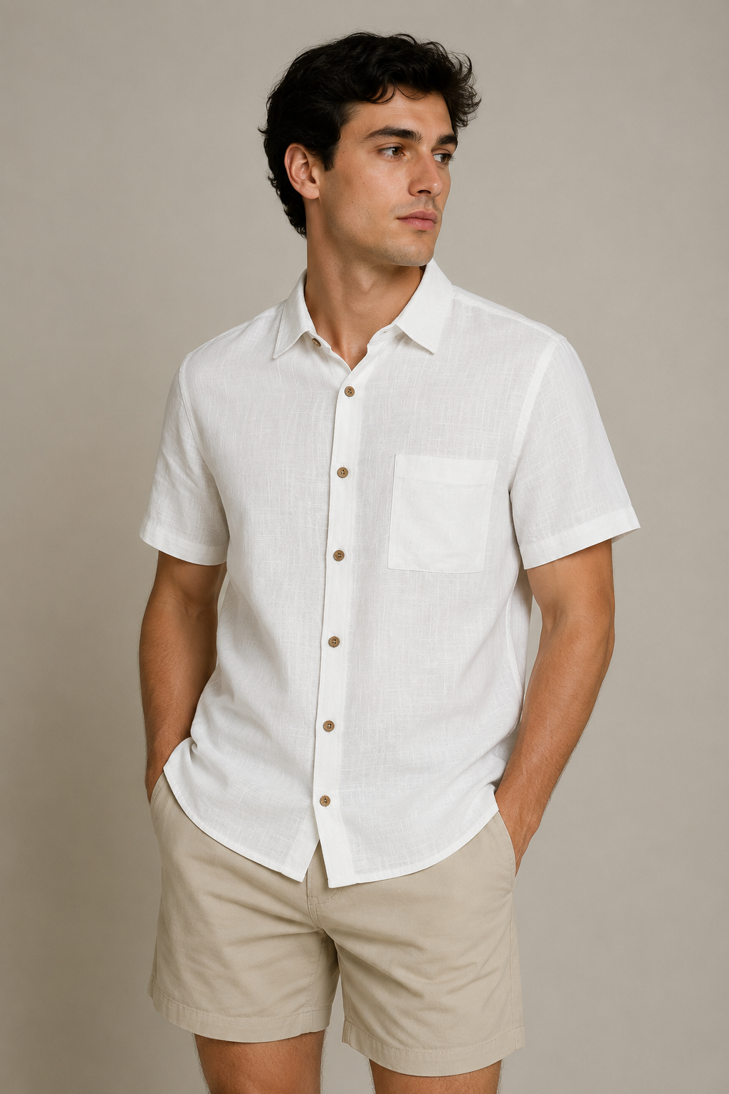 Camisas Para Hombre Manga Corta Albatros Tipo Lino Semi Recta B61561 Blanco