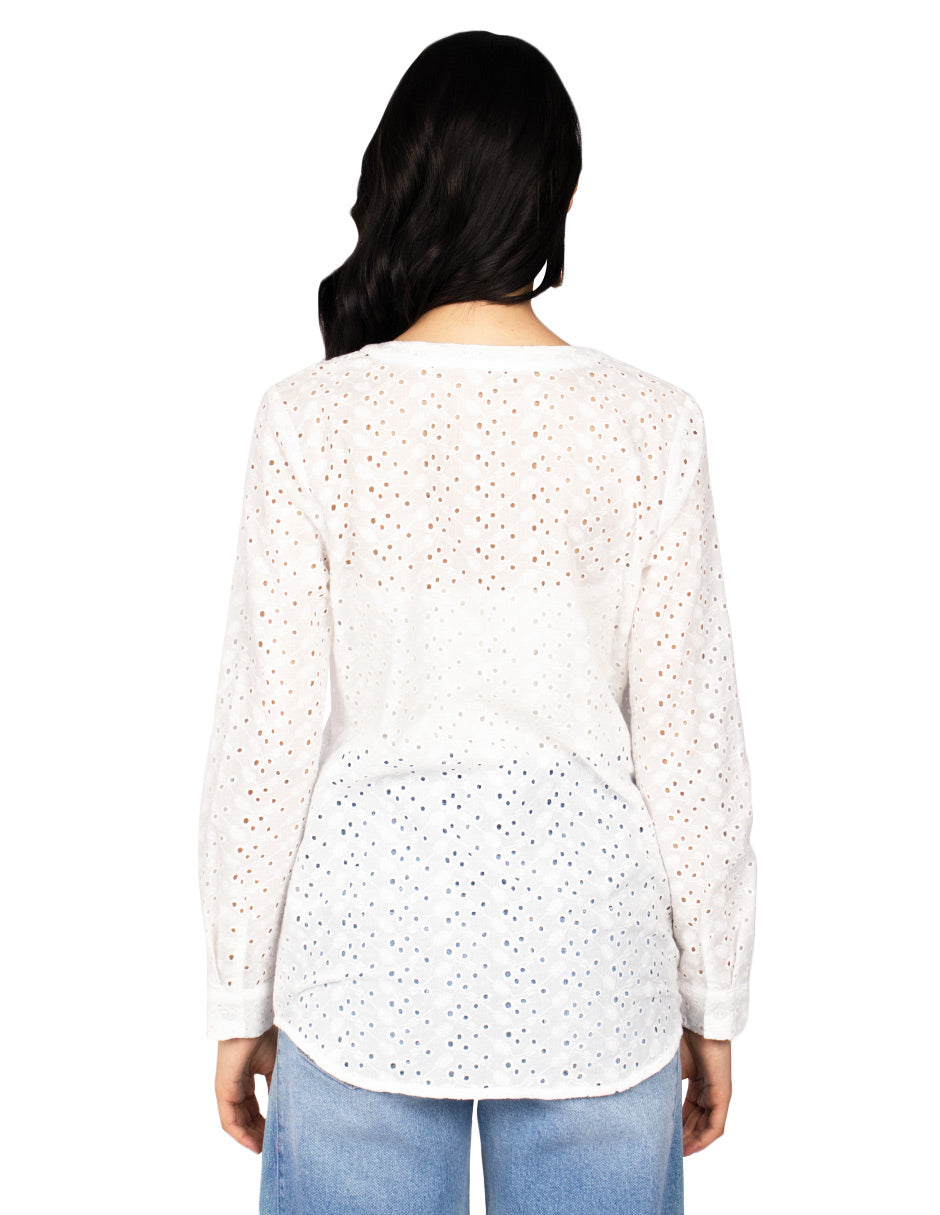 Blusas Para Mujer Manga Larga Cuello Redondo Bordada N31146 Blanco
