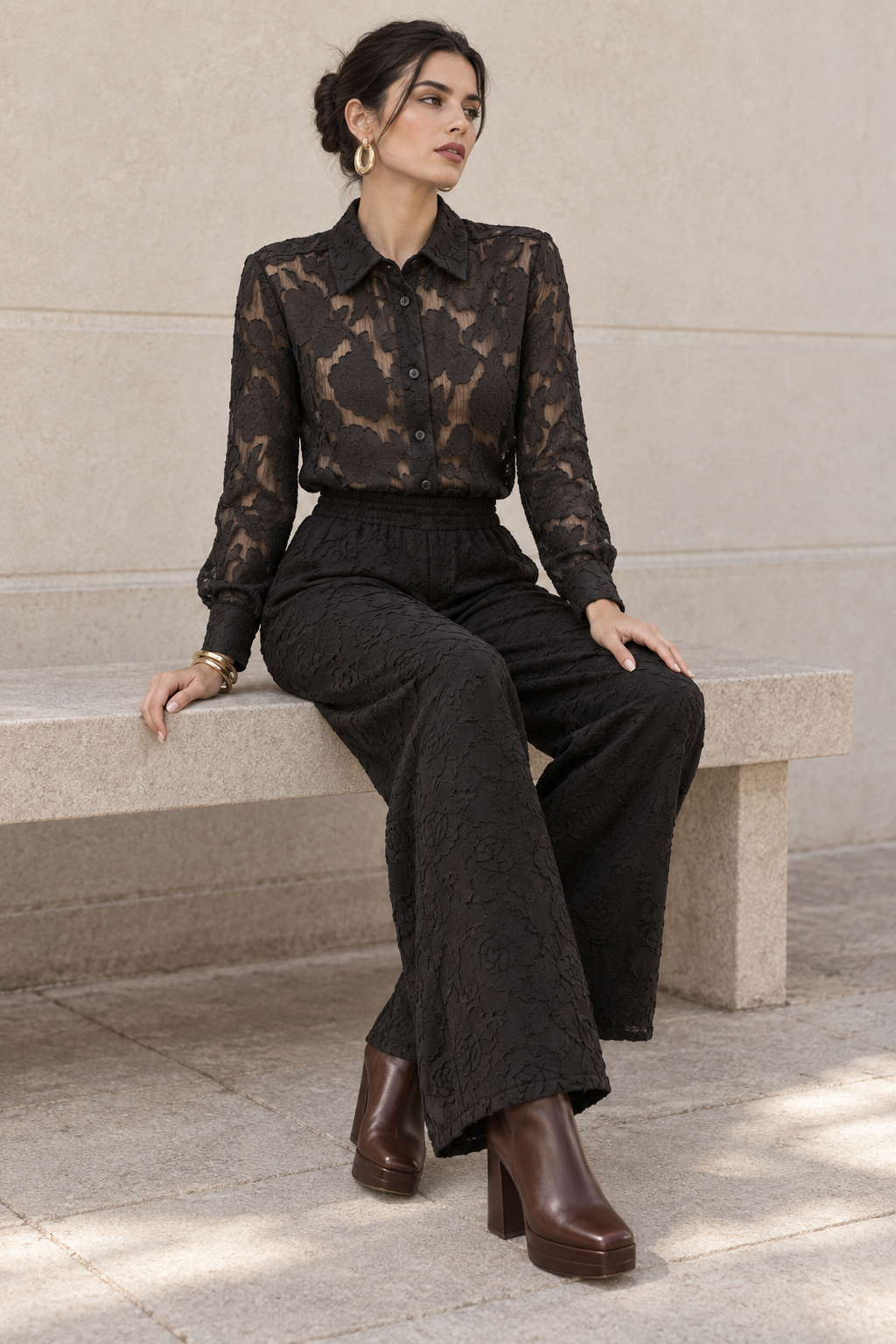 Pantalones Para Mujer Jacquard Floral Pierna Ancha Con Resorte W63117 Negro
