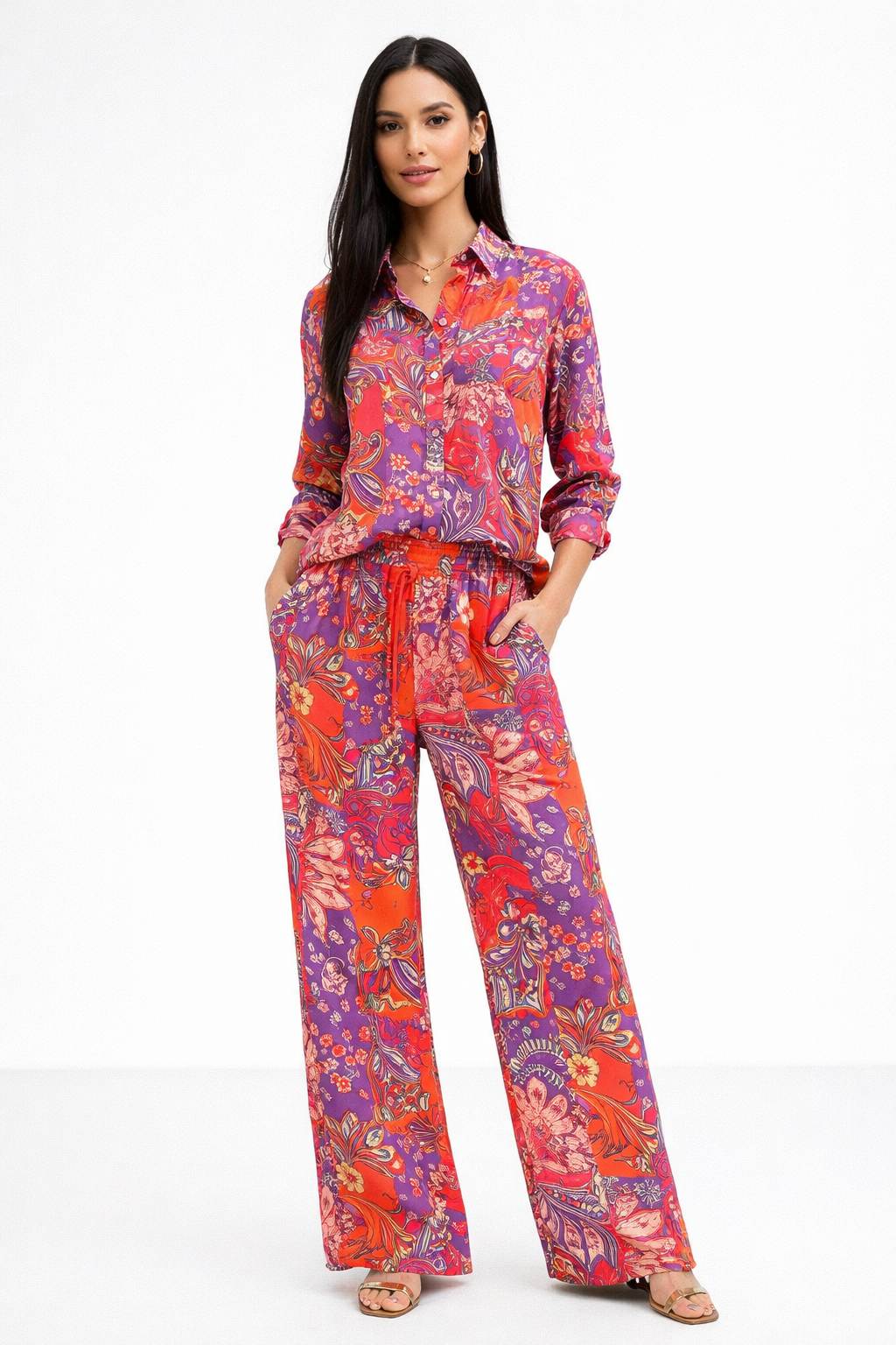 Blusas Para Mujer Camisera Satinada Paisley N61100 Rojo
