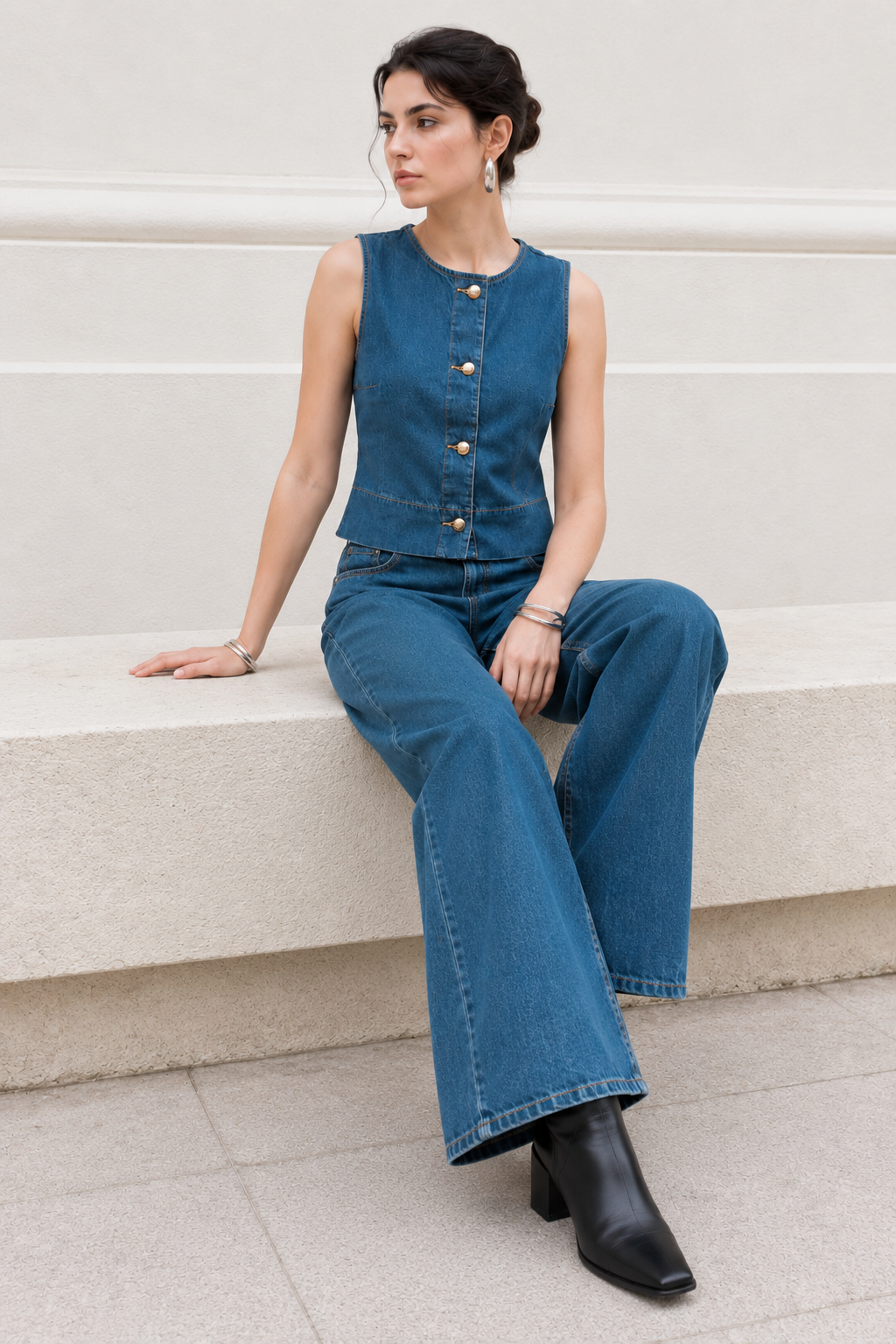 Jeans Para Mujer Mezclilla Flowy Wide Leg Con Cintura Elástica  V63102 Unico