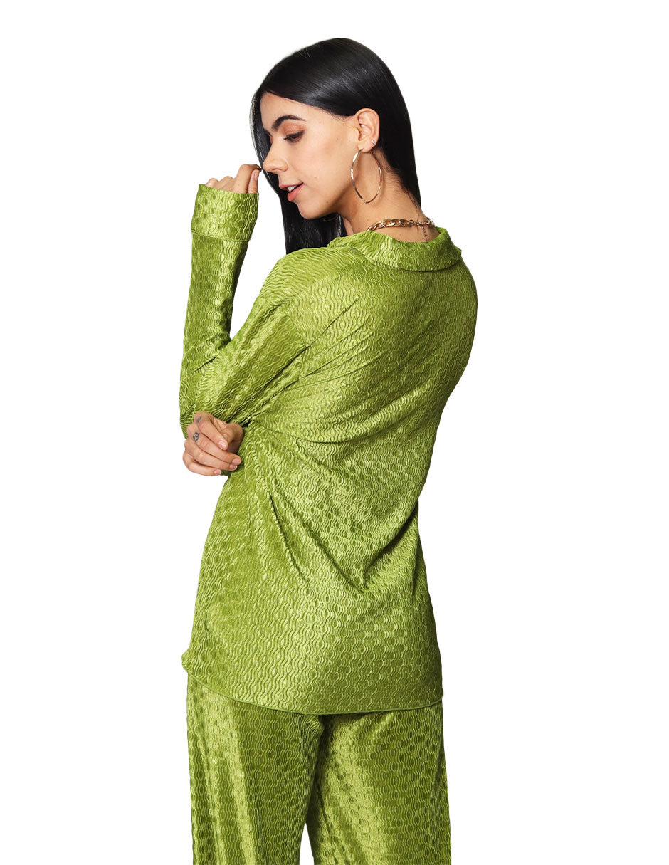 Blusas Para Mujer Camisera Corrugada De Manga Larga N41100 Verde