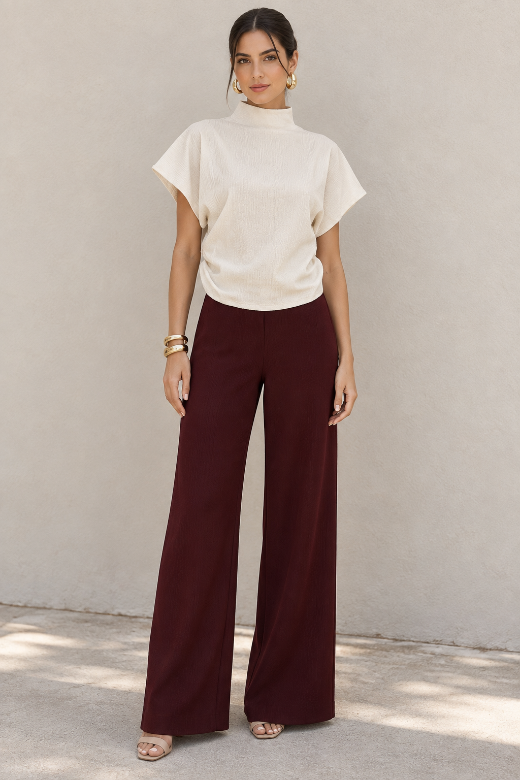 Blusas Para Mujer De Tejido Texturizado Con Cuello Alto Tipo Murciélago N63125 Crema