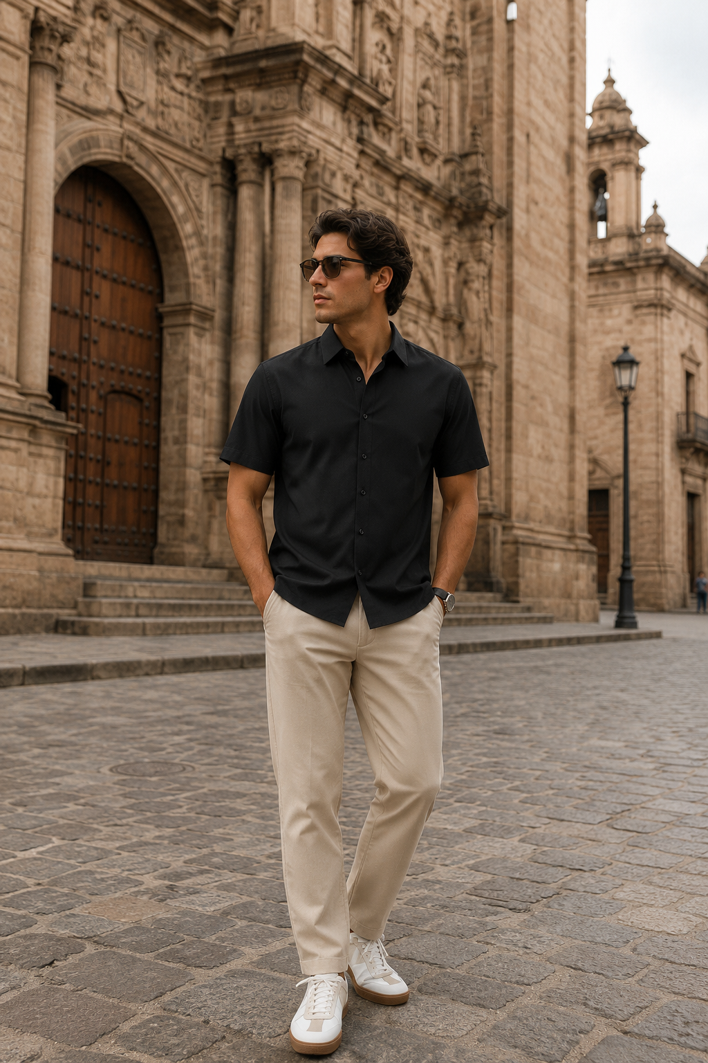Camisa para Hombre Manga Corta Jacquard Sin Costura Antiarrugas B61451 Negro