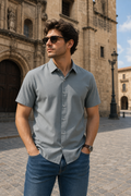 Camisa para Hombre Manga Corta Jacquard Sin Costura Antiarrugas B61451 Gris