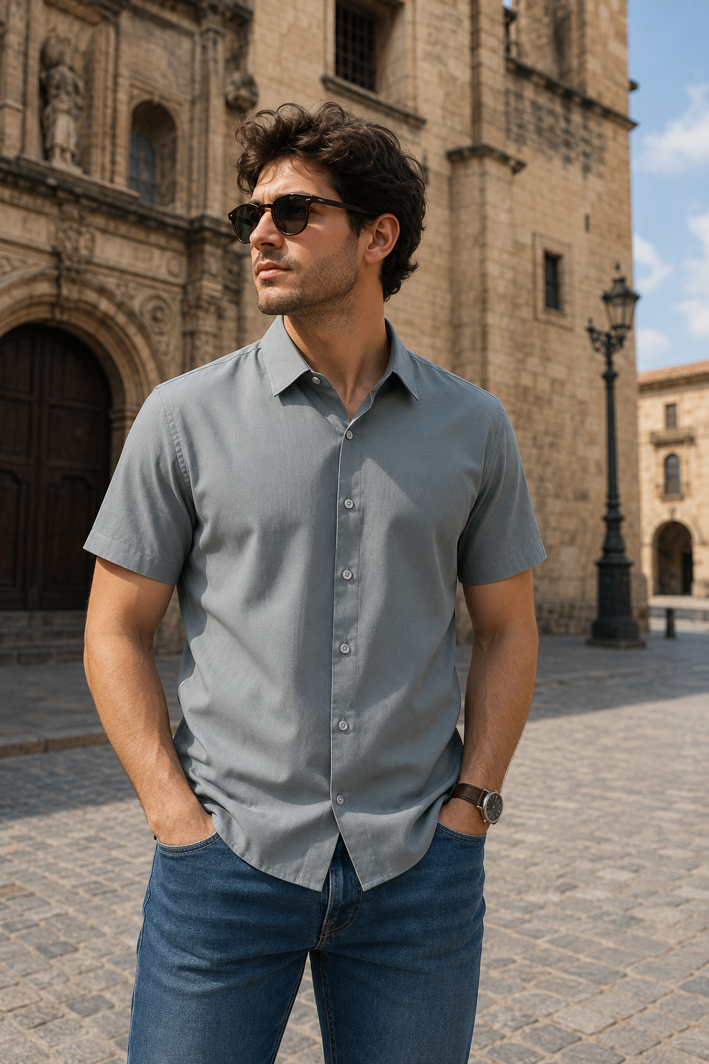 Camisa para Hombre Manga Corta Jacquard Sin Costura Antiarrugas B61451 Gris