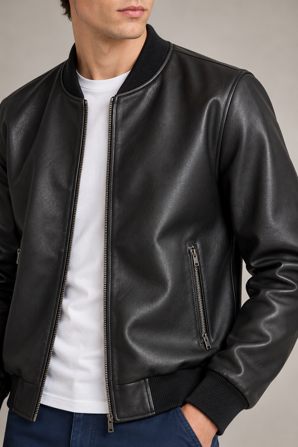 Chamarras Para Hombre Bomber Tipo Piel Cierre Frontal D45306 Negro