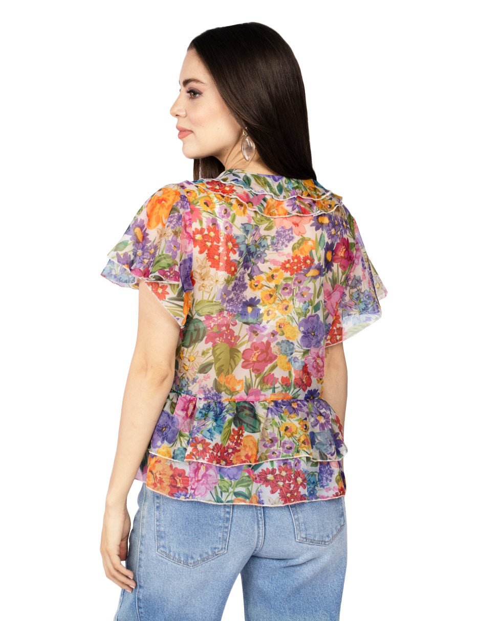 Blusas Para Mujer Translucida Floreada Con Olanes N51129 Unico
