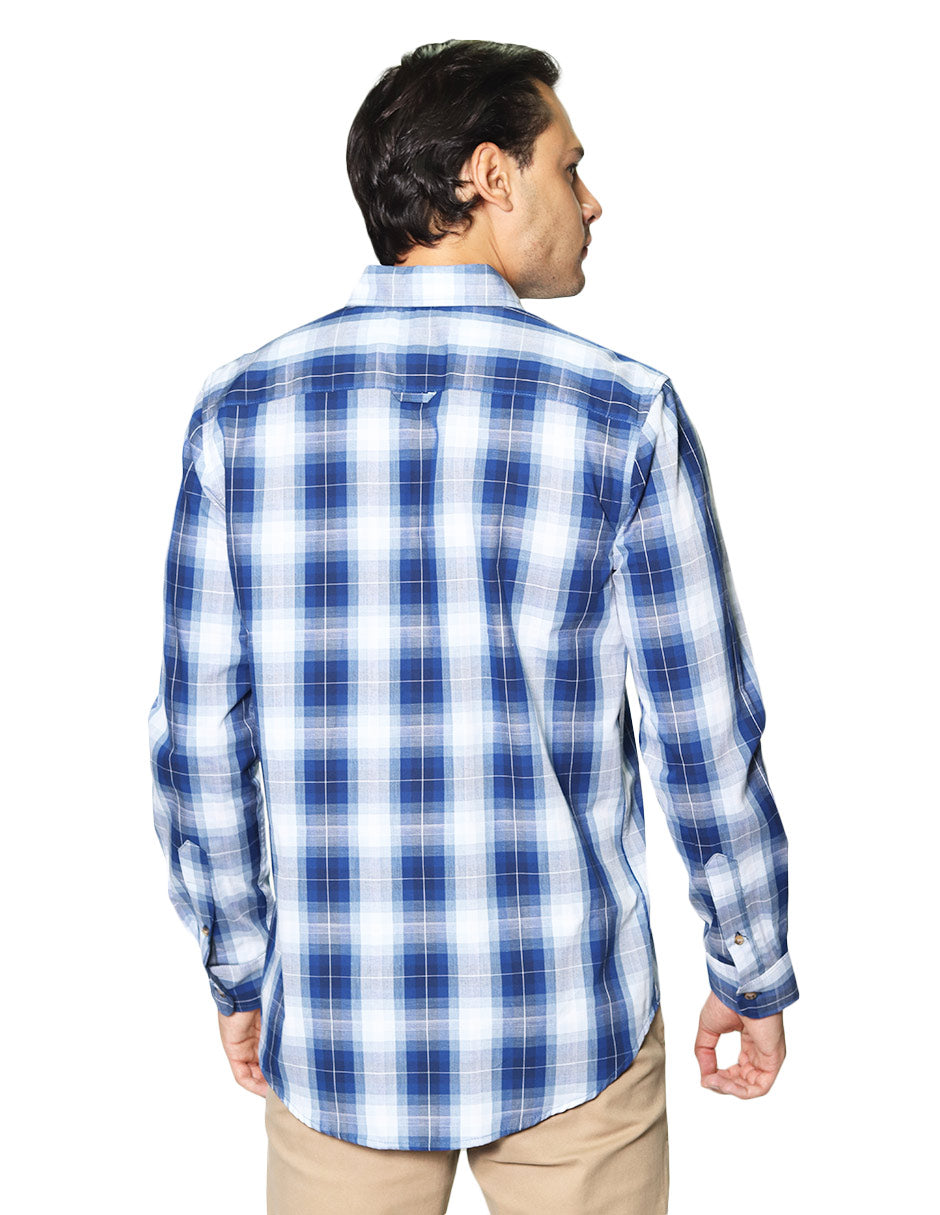 Camisas Para Hombre Manga Larga Cuadros B45103 Azul